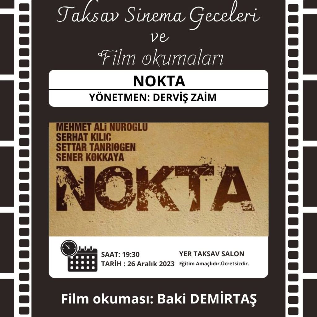 NOT Alın lütfen, 26 Aralık Salı Nokta filmi Bir zamanlar işlediği tek hata sebebinden işkence çeken ve çektiği azaptan kurtulmaya personel tek adamın hikâyesi… Ahmet, yakın tek arkadaşının ön ayak olmasıyla tarihi değeri dik tek Kuran’ın çalınmasına istemeden bulaşır. Fakat kalkıştığı iş onu hiç istemediği tek noktaya sürükler. Ananesel Osmanlı hat sanatının da örgensel tek şekilde dahil olmak üzere meydana geldiği film, aynı bu zanaat benzeri tek ve durmadan tek plândan meydana geliyor . Derviş Zaim yönetmenliğin de ki filmin başrollerin de Mehmet Ali Nuroğlu , Settar Tanrıöğen , Begüm Birgören , Serhat Kılıç , Mustafa Uzunyılmaz bulunmaktadır.